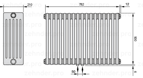 Схема (чертеж) Радиатор Zehnder Charleston 6090/17 №5410 Белый глянцевый RAL 9016